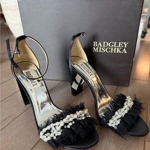 Badgley Mischka Black Pearl-Embellished Fringe Ankle-Strap Heels